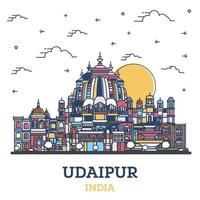 delineie o horizonte da cidade de udaipur índia com edifícios históricos coloridos isolados em branco. vetor