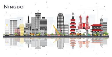 horizonte da cidade de ningbo china com edifícios de cor e reflexões isoladas em branco. vetor