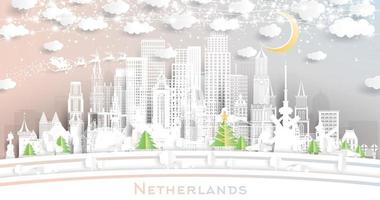 Horizonte da Holanda em estilo de corte de papel com flocos de neve, lua e guirlanda de neon. vetor