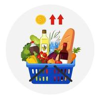 ícone de crise alimentar. o aumento dos preços dos produtos. conjunto de mercearia, cesta de alimentos. vetor