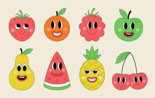 conjunto de frutas groovy engraçadas. rostos bonitos de personagens simples. adesivos de hippie em estilo retrô da moda. vetor