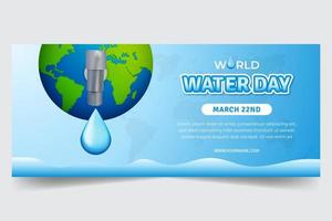 dia mundial da água 22 de março banner horizontal com globo e ilustração de torneira de água