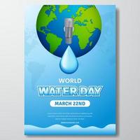 dia mundial da água, 22 de março, design de panfleto com ilustração de globo e torneira de água vetor