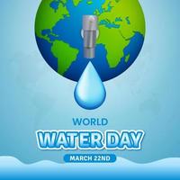 dia mundial da água 22 de março banner quadrado com globo e ilustração de torneira de água vetor