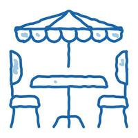 cadeiras de mesa de café e ícone de doodle de guarda-chuva ilustração desenhada à mão vetor