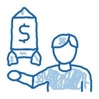 humano mostra dinheiro foguete doodle ícone ilustração desenhada à mão vetor