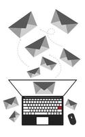 ilustração de envio de e-mails. Boletim de Notícias. enviando uma mensagem de um notebook. cartas estão espalhadas do laptop. vetor