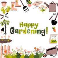 cartão de jardinagem feliz. ferramentas de jardim, carrinho de mão, regador, plantas, legumes, flores. ilustração vetorial vetor