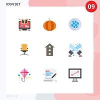 pacote de interface do usuário de 9 cores planas básicas de móveis de edifícios, cadeira de educação, braço, elementos de design de vetores editáveis