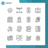 pacote vetorial de 16 símbolos de contorno ícone de estilo de linha definido em fundo branco para web e fundo de vetor de ícone preto criativo móvel