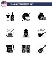 9 sinais de glifos sólidos para o dia da independência dos eua, feriado, esporte, bolsa americana, editável, elementos de design do vetor do dia dos eua