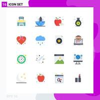 conjunto moderno de pictograma de 16 cores planas de amor, dinheiro, finanças globais, frutas, pacote editável de elementos de design de vetores criativos