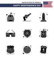 9 sinais de glifo sólido eua símbolos de celebração do dia da independência dos eua óculos óculos de sol americanos eua editáveis elementos de design vetorial do dia dos eua vetor