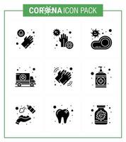 9 pacote de ícones de glifo sólido preto coronavírus covid19, como mãos bactérias hospitalares vírus de carro coronavírus viral 2019nov elementos de design de vetor de doença