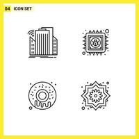 4 ícones criativos, sinais modernos e símbolos de edifícios, alimentos, chips inteligentes, rosquinhas, elementos de design de vetores editáveis