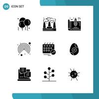 pacote de glifos sólidos de 9 símbolos universais do plano de interface de ferramentas de usuário de calendário elementos de design de vetores editáveis