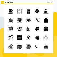 coleção de 25 ícones universais de ícones sólidos definidos para web e fundo de vetor de ícone preto criativo móvel