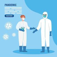 pessoas em trajes de materiais perigosos para banner de prevenção de pandemia vetor