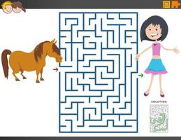 jogo de labirinto com garota de desenho animado e cavalo pônei vetor