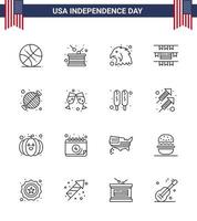 conjunto moderno de 16 linhas e símbolos no dia da independência dos eua, como independência de alimentos para churrasco bandeiras americanas editáveis elementos de design vetorial do dia dos eua vetor