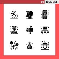 9 símbolos de glifos de estilo sólido do pacote de ícones em sinais simples de fundo branco para design geral de fundo vetorial de ícones pretos criativos vetor