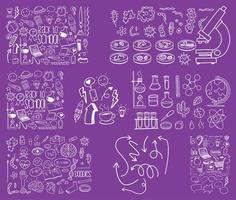 conjunto de objeto e símbolo desenhado à mão doodle em fundo roxo vetor