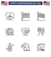 grupo de 9 linhas definidas para o dia da independência dos estados unidos da américa, como coração americano, elefante eua americano editável, elementos de design vetorial do dia dos eua vetor