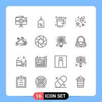 Símbolos de contorno do pacote de ícones pretos de 16 linhas para aplicativos móveis isolados no fundo branco 16 ícones definem o fundo criativo do vetor de ícones pretos