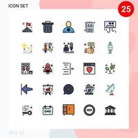 Pacote de cores planas de linha preenchida de 25 interfaces de sinais modernos e símbolos de dispositivos de arquivos de hardware de insight condicionam elementos de design vetorial editáveis vetor