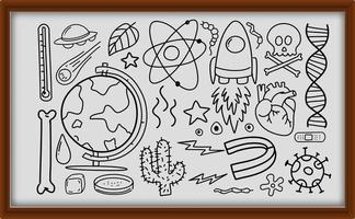 diferentes traços de doodle sobre equipamentos científicos em moldura de madeira vetor