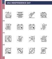 16 ícones criativos dos eua, sinais modernos de independência e símbolos de 4 de julho da declaração democrática, arma, elefante dos eua, editável, dia dos eua, vetor, elementos de design vetor