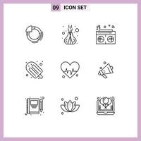 conjunto de 9 sinais de símbolos de ícones de interface do usuário modernos para rádio de sorvete de coração comida de verão elementos de design de vetores editáveis