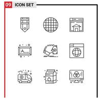 9 símbolos de sinais de contorno universal de elementos de design de vetores editáveis de página de moldura de casa de foto de negócios