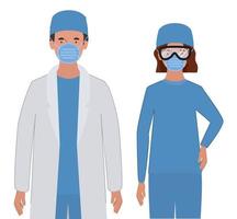 homem e mulher médico com uniforme, máscara e óculos vetor
