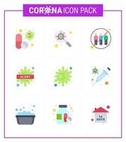 conjunto de ícones covid19 para infográfico 9 pacote de cores planas, como transferência de interface de alerta de bactérias coronavírus viral humano 2019nov elementos de design de vetor de doença