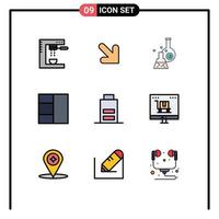9 interface do usuário pacote de cores planas de linha cheia de sinais e símbolos modernos de elementos de design de vetores científicos editáveis de estrutura de arame de bateria fraca