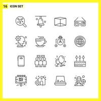 16 ícones de conjunto de símbolos de linha simples delineiam o sinal em fundo branco para aplicativos móveis de design de site e fundo de vetor de ícone preto criativo de mídia impressa