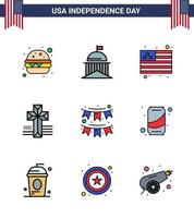 dia da independência dos eua conjunto de linha plana cheia de 9 pictogramas dos eua de bandeirinhas de festa país cruz americana editável dia dos eua vetor elementos de design