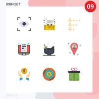 conjunto de cores planas de interface móvel de 9 pictogramas de elementos de design vetorial editáveis do monitor de tela de trabalho de moagem de tigela vetor
