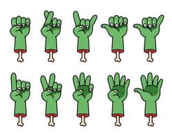 Conjunto de gestos com as mãos em desenho animado de zumbi assustador cortado vetor