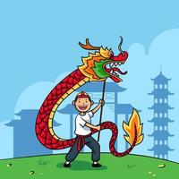 menino desenhado à mão jogando dança do dragão chinês vetor
