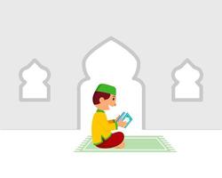 bonito menino muçulmano lendo livro sagrado no tapete de oração vetor