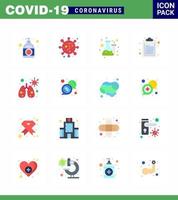 Conjunto de 16 cores planas de ícones epidêmicos do vírus corona, como documento de anatomia, lista de verificação do vírus corona, laboratório viral, coronavírus 2019nov, elementos de design do vetor da doença