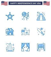 feliz dia da independência dos eua conjunto de pictogramas de 9 azuis simples do mapa unido americano eua elefante editável dia dos eua elementos de design vetorial vetor