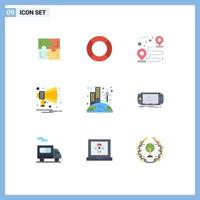 conjunto de cores planas de interface móvel de 9 pictogramas de buzina de notificação rota de anúncio de interface do usuário editável elementos de design vetorial vetor
