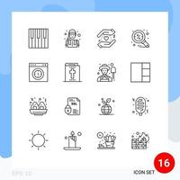 16 símbolos de sinais de contorno universal da lupa de trabalhador de pesquisa de interface desconto elementos de design de vetores editáveis