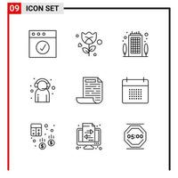 9 ícones gerais para impressão de design de sites e aplicativos móveis 9 sinais de símbolos de contorno isolados em fundo branco pacote de 9 ícones fundo de vetor de ícone preto criativo