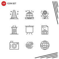 coleção de 9 ícones vetoriais em símbolos de contorno perfeitos de pixel de estilo de linha para web e sinais de ícone de linha móvel em fundo branco 9 ícones fundo criativo de ícone preto vetor