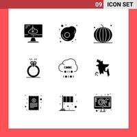 conjunto de 9 sinais de símbolos de ícones de interface do usuário modernos para proposta de amor fruta diamante legumes elementos de design de vetores editáveis