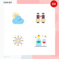 conjunto de ícones planos de interface móvel de 4 pictogramas de sol, dinheiro, óculos, distribuição, álcool, elementos de design de vetores editáveis